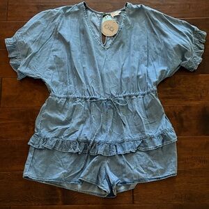 Denim Blue Women's Romper Jumpsuit with Tie Waist